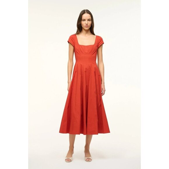 Staud Midi Dress Women's Orange Short Sleeve Square Neck Lined Wells Size 16 - Picture 1 of 12